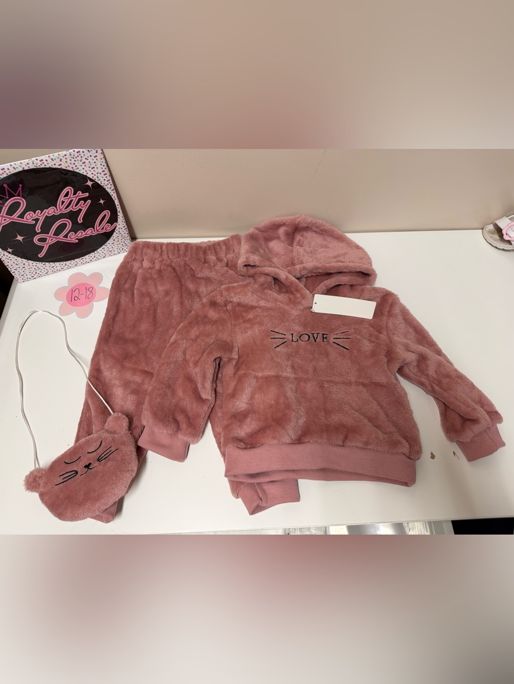 SHEIN Dusty Rose Plush Hoodie & Jogger Set - LOVE Embroidered